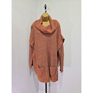 Orange Speckled Chunky Cowl Long Sweater Womens 3X Baggy Pockets Fisherman Cozy
